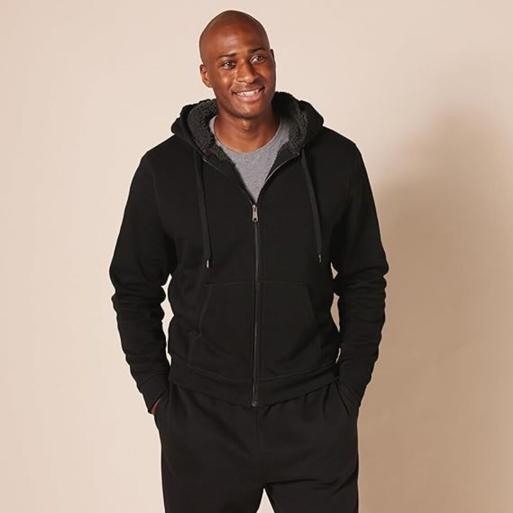 Amazon Essentials Men's Black Sherpa-Lined Fleece Hoddie Sweatshirt Small